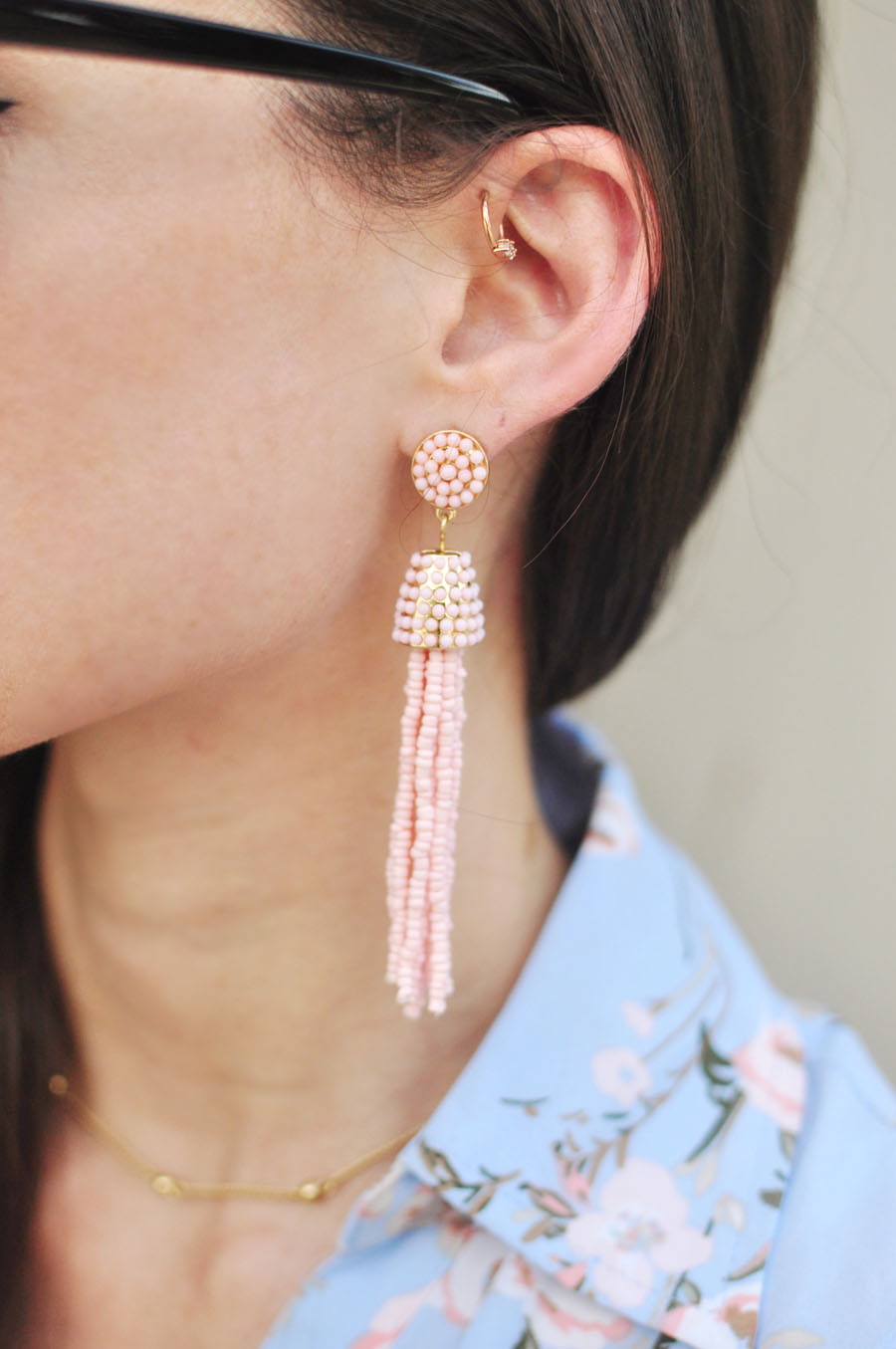 Pink Bead Tassel Earrings & forward helix piercing - Style Blogger Erica Valentin