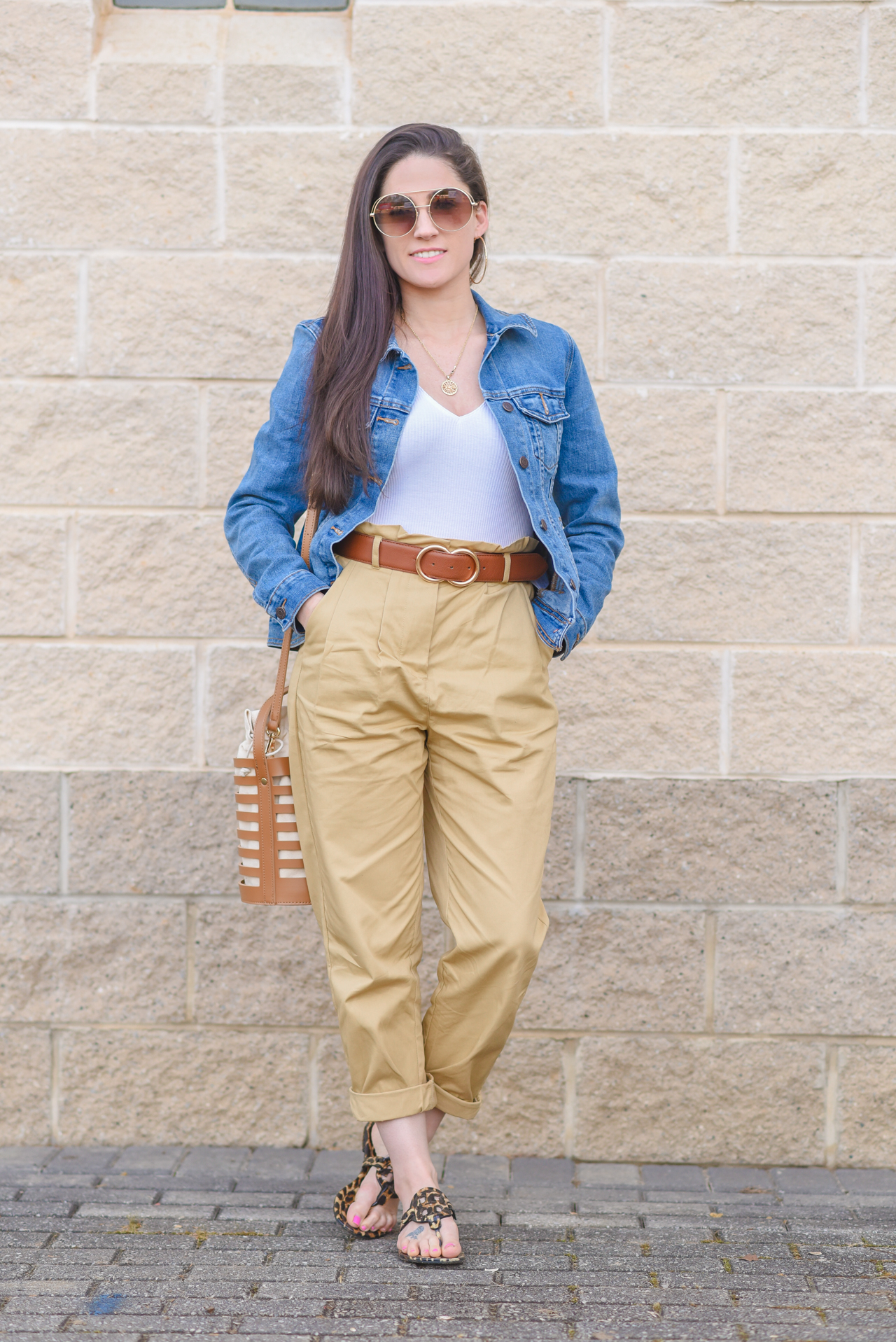 Khaki Paper Bag Waist Pants Denim Jacket and a Bucket Bag by Atlanta Style Blogger Erica Valentin