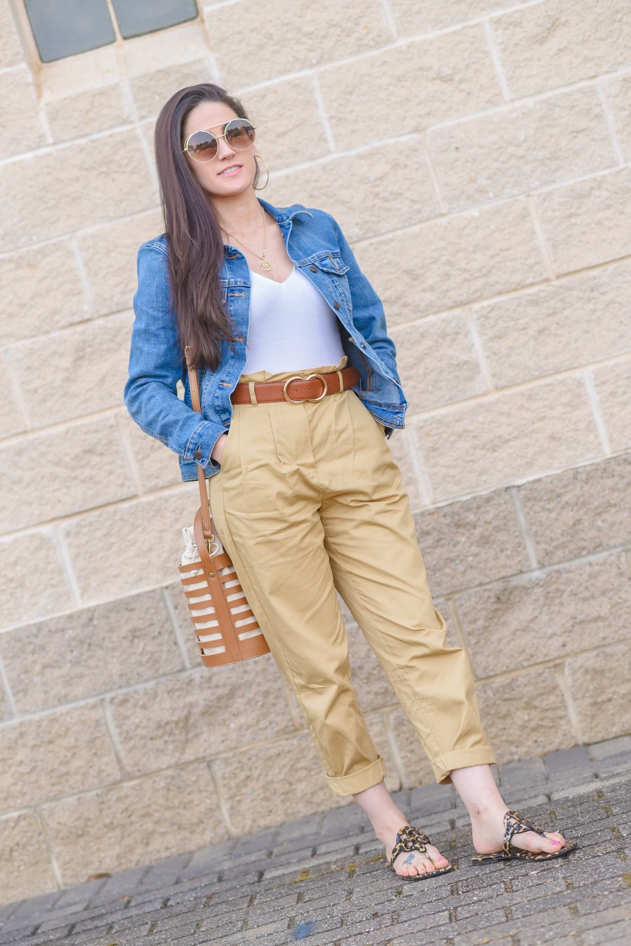 Khaki Paper Bag Waist Pants Denim Jacket and a Bucket Bag by Atlanta Style Blogger Erica Valentin