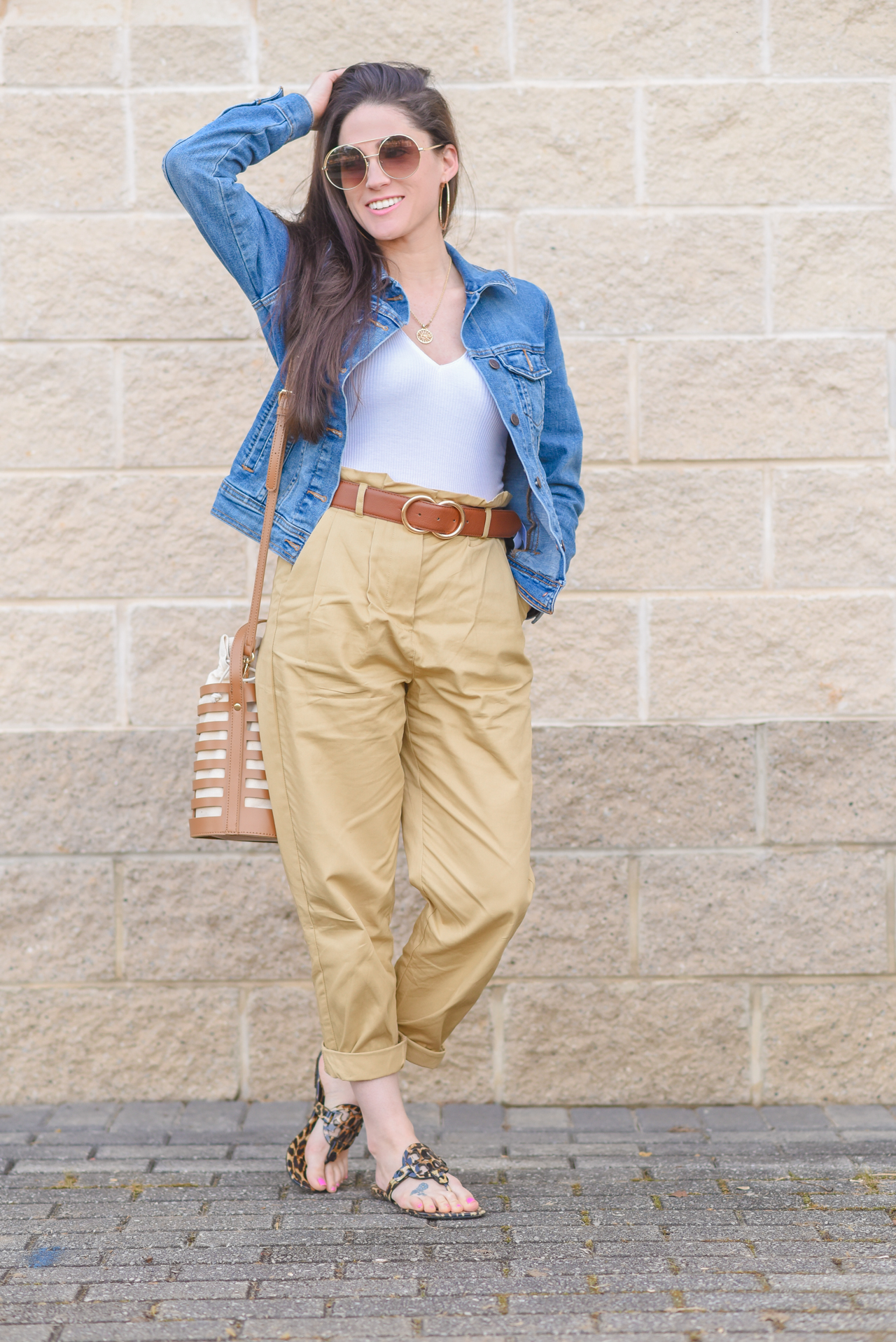 Khaki Paper Bag Waist Pants Denim Jacket and a Bucket Bag by Atlanta Style Blogger Erica Valentin