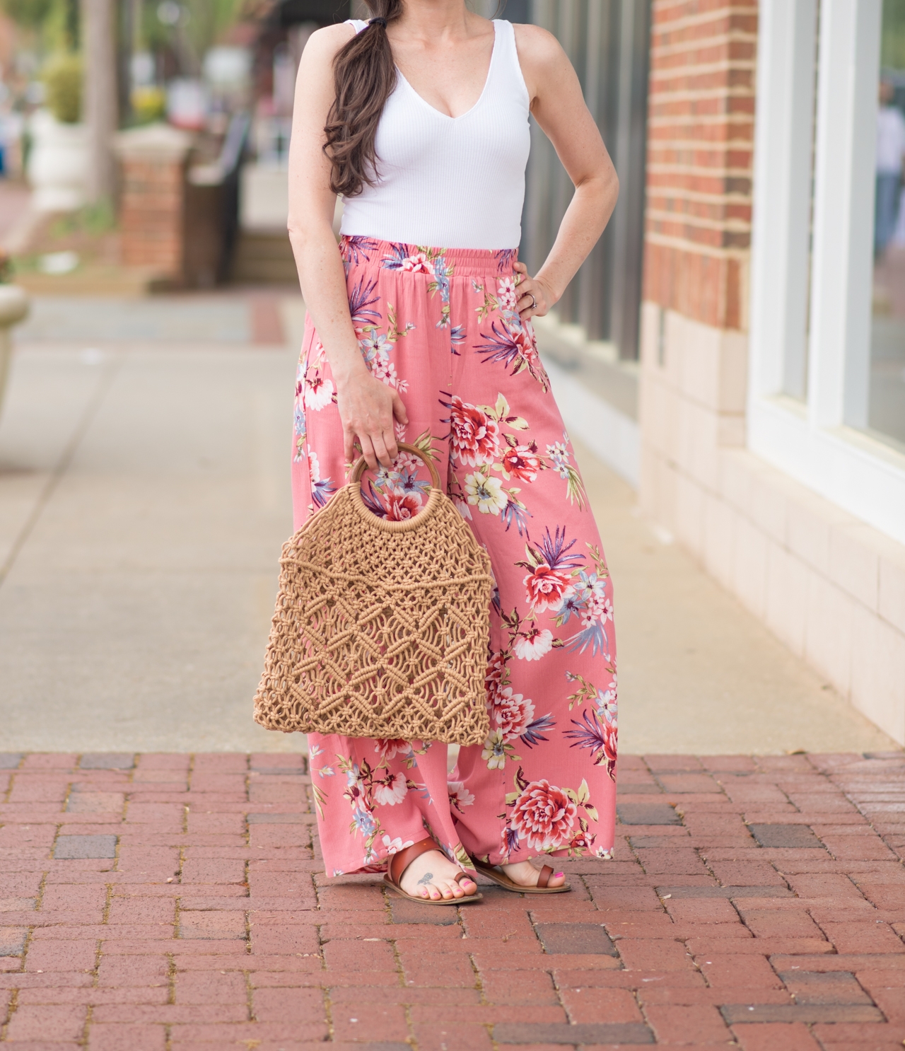 Pink Floral Palazzo Pants, palazzo pants, outfit of the day, travel blogger, style blogger, fashion blogger, atlanta blogger, live style travel blog, Erica Valentin, forever 21, crochet bag, boho bag, casual outfits, summer outfit ideas, spring outfit ideas, boho styles