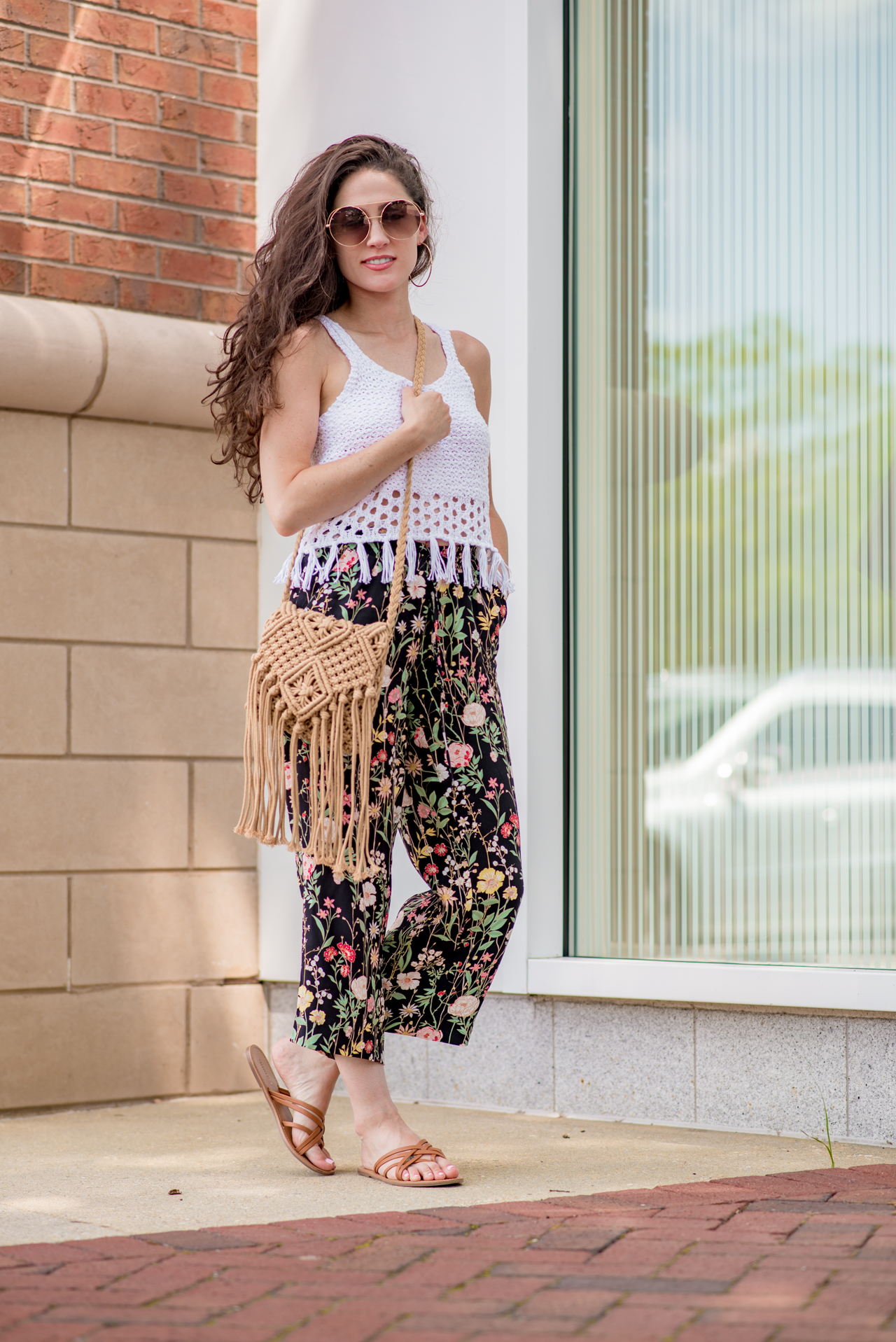 boho style, ootd, outfit of the day, style blogger, atlanta bloggers, atlanta style bloggers, atlanta influencers, loft, floral pants, palazzo pants, blogging, rewardstyle, palazzo pants, fringe top, crochet fringe bag, Erica Valentin, boho style
