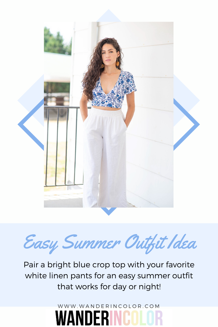 Blue Crop Top, H&M Crop Top, White Linen Pants, Summer outfit ideas