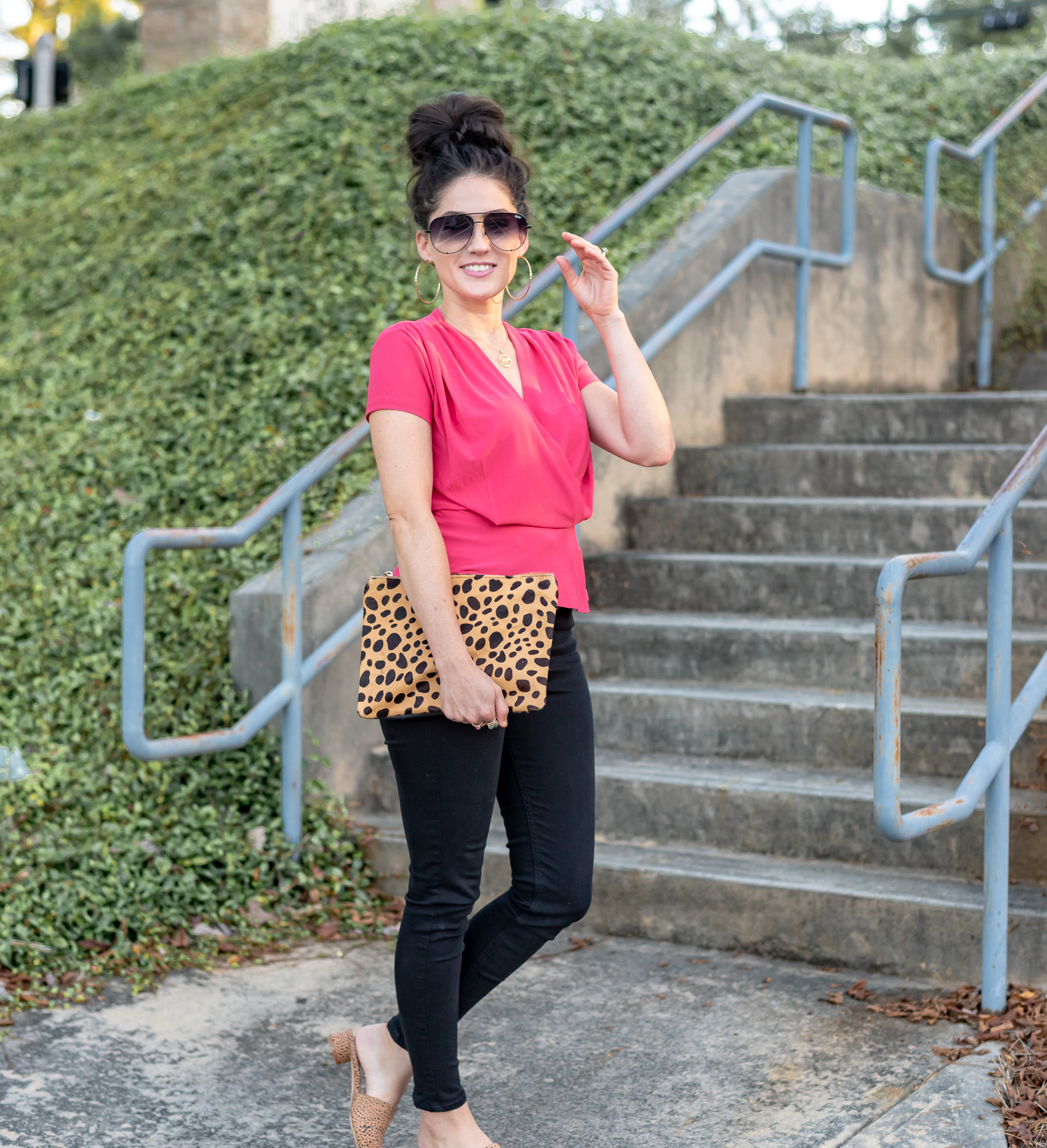 perfect shade of red, petite jeans and tops, petite friendly clothing, high-waisted jeans, cheetah print sandals, cheetah print cluth, animal print, transitional fall outfits, atlanta style bloggers, fall fashion