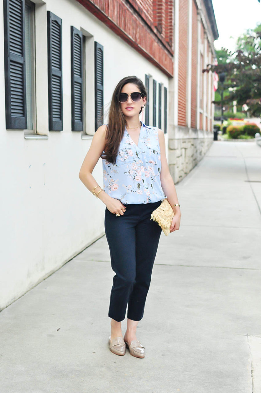 Office Style featuring a floral blouse, loafers and chinos