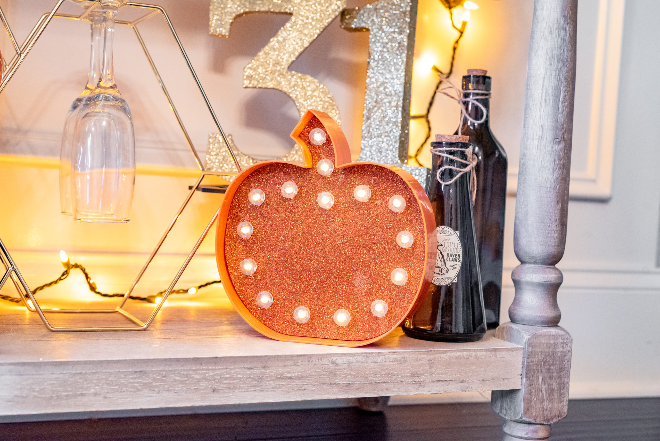 Halloween bar table, pumpkin marquee light, battery operated pumpkin marquee light