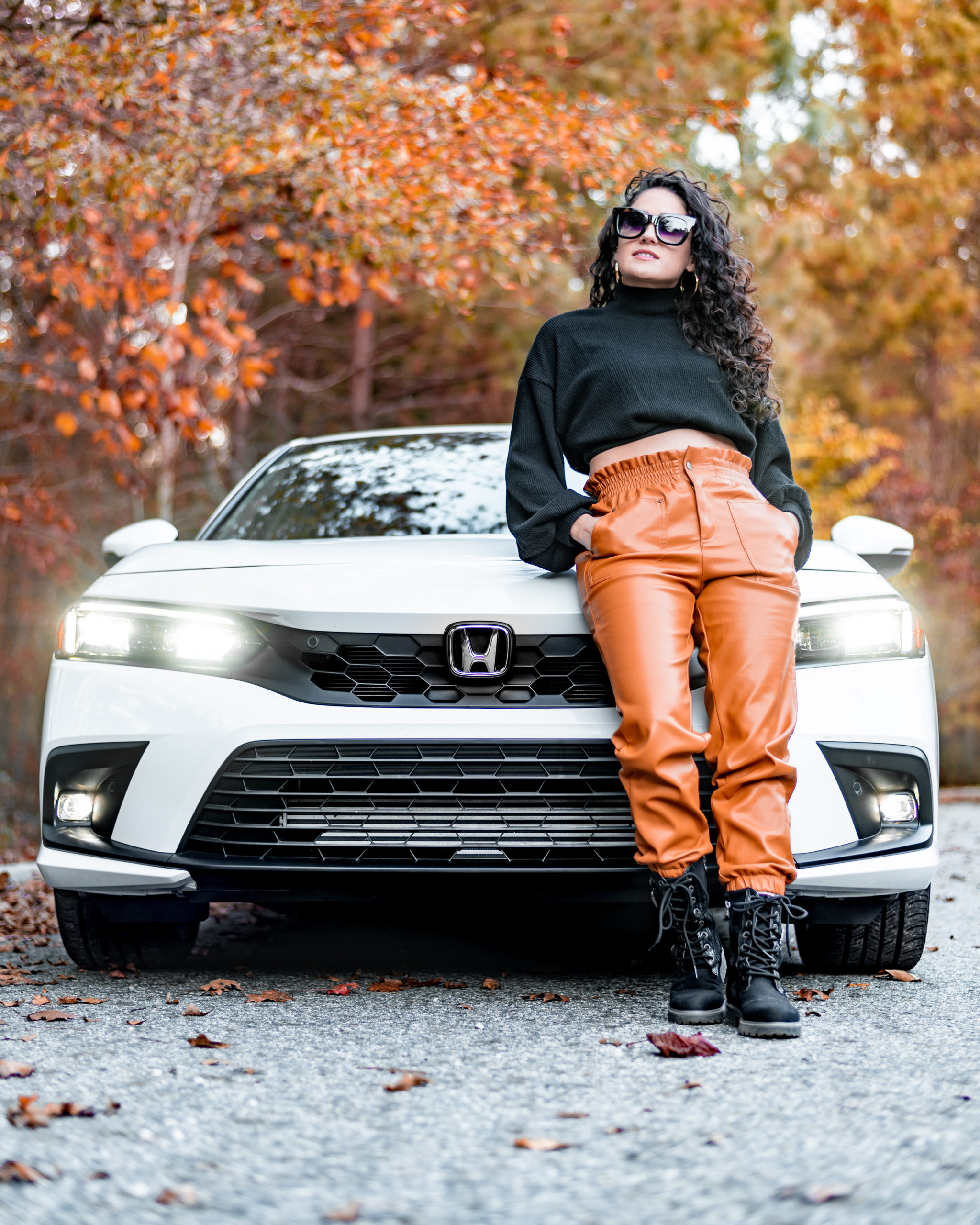 2022 Honda Civic Sport Touring, New Honda Civic, Features of the New honda Civic, Best sporty affordable cars, best style and travel bloggers, top atlanta bloggers, Erica Valentin, Wander in Color Blog, Faux leather joggers, fall outfit ideas, fall outfit inspo, 2021 fall trends, how to style combat boots, how to style faux leather joggers, how to purchase a new car in 2021, car buying process