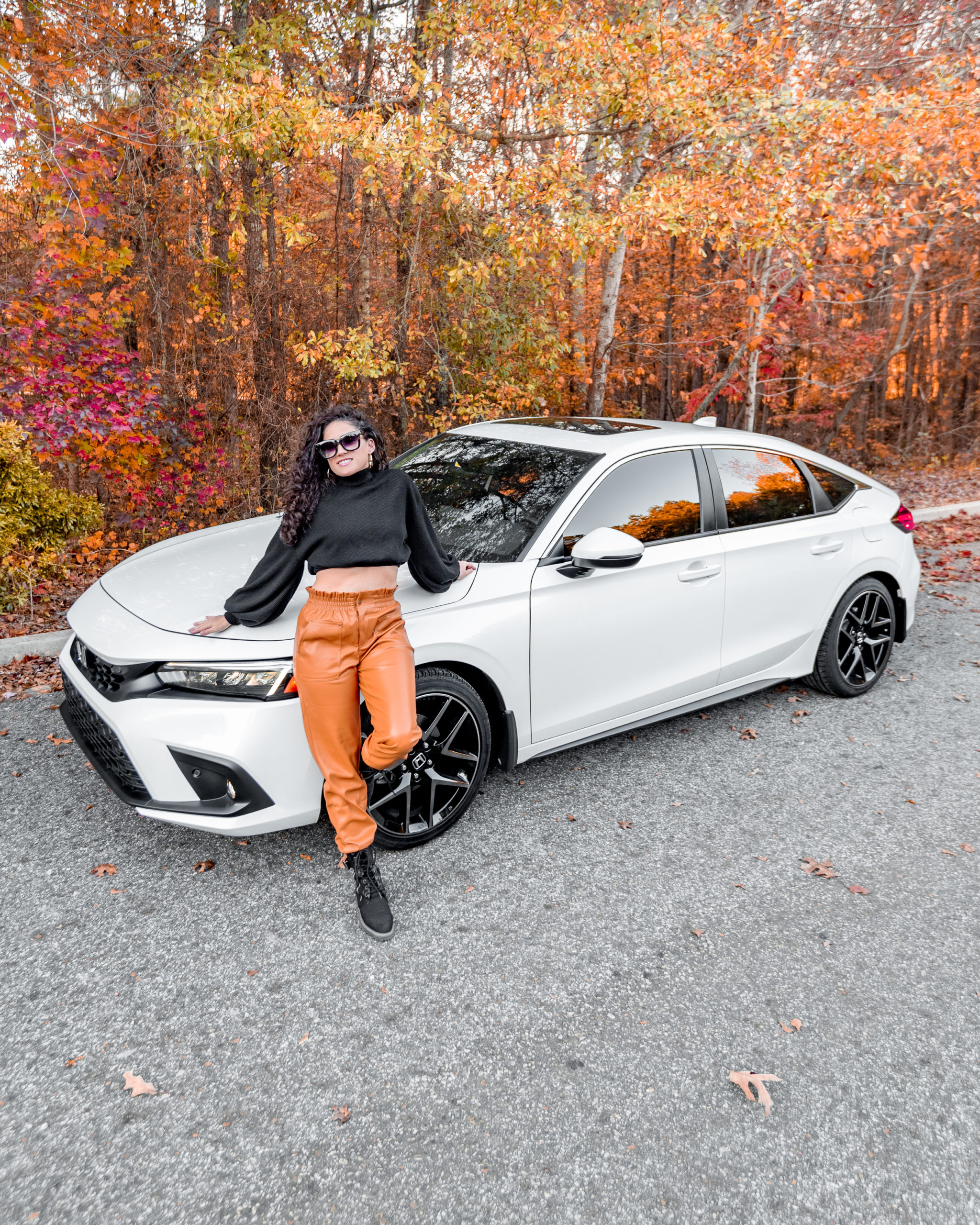 2022 Honda Civic Sport Touring, New Honda Civic, Features of the New honda Civic, Best sporty affordable cars, best style and travel bloggers, top atlanta bloggers, Erica Valentin, Wander in Color Blog, Faux leather joggers, fall outfit ideas, fall outfit inspo, 2021 fall trends, how to style combat boots, how to style faux leather joggers, how to purchase a new car in 2021, car buying process, all black rims, hatchback honda civic