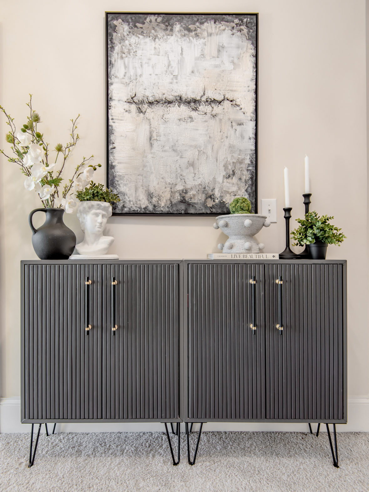 black home decor, how to decorate with black,best ikea hacks, ikea eket hack, ikea hacks, best ikea hacks, diy fluted console, gray and black home decor, decorating with black, modern mid century fluted console, easy ikea upgrades, diy fluted sideboard, budget friendly fluted sideboard, diy fluted sideboard