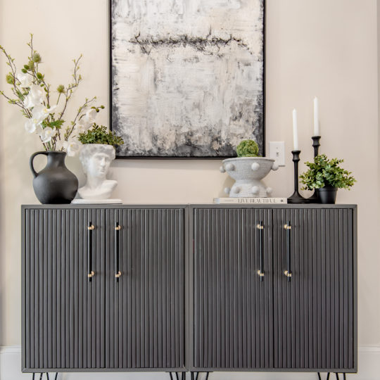 black home decor, how to decorate with black,best ikea hacks, ikea eket hack, ikea hacks, best ikea hacks, diy fluted console, gray and black home decor, decorating with black, modern mid century fluted console, easy ikea upgrades, diy fluted sideboard, budget friendly fluted sideboard, diy fluted sideboard