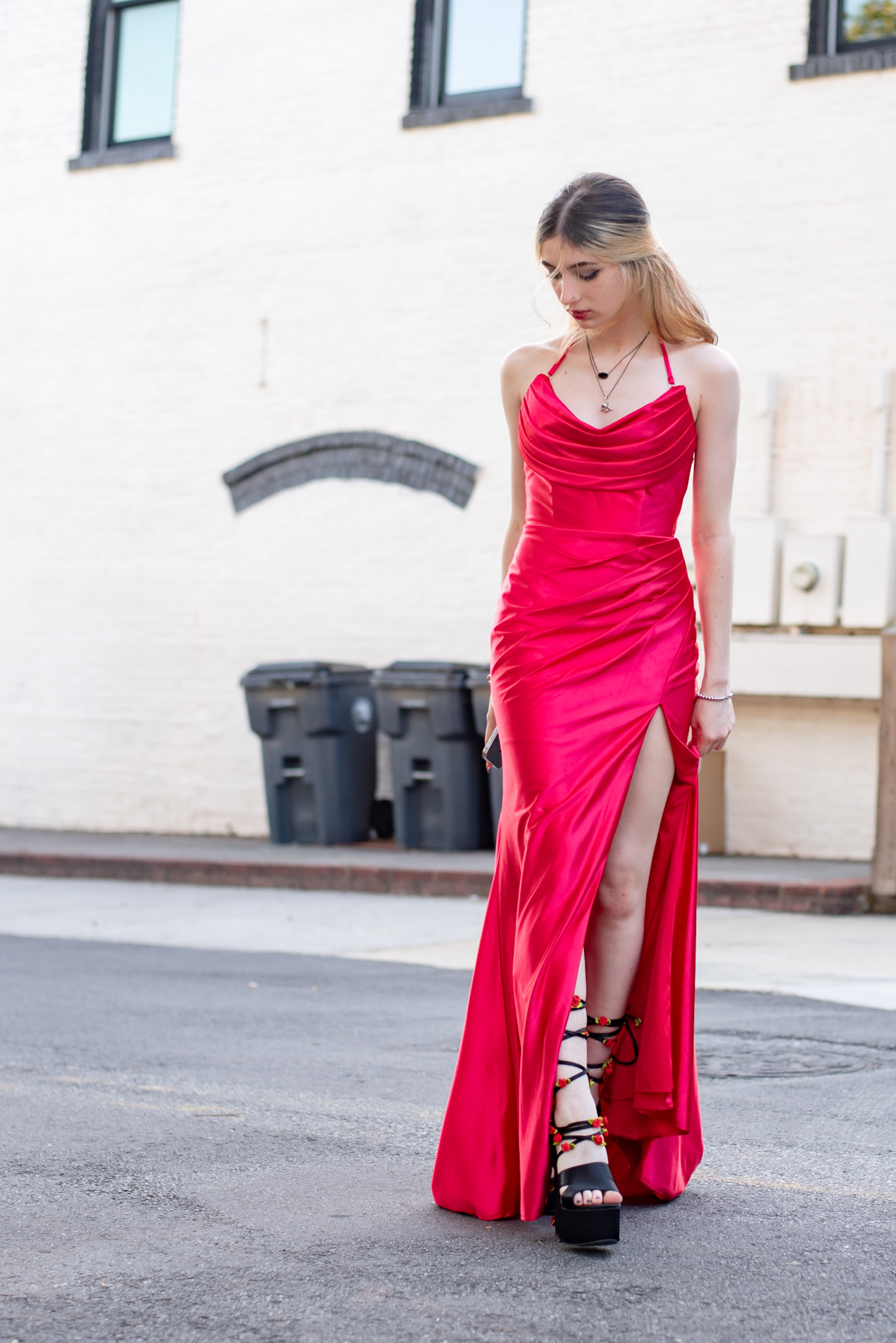 red dress, satin red dress, red prom dress, red homecoming cowl neck dress, lace up shoes with roses